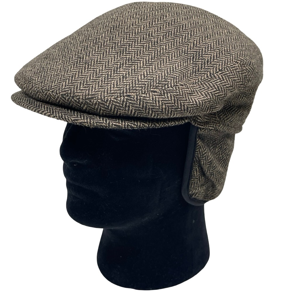 Vintage Scala Herringbone Flat Cap M Brown‎ Wool Blend Ear Flaps Made in Italy